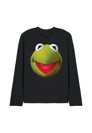 Schwarzes Langarmshirt mit einem großen, lächelnden grünen Froschgesicht mit weit geöffneten Augen und offenem rotem Mund, zentral auf der Vorderseite.