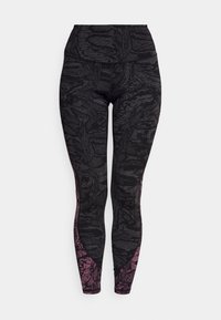 Hoch taillierte, schwarze Leggings mit einem strukturierten Muster. Besitzt rosa Akzente an den Seiten und ein enges Design für besonderen Komfort.