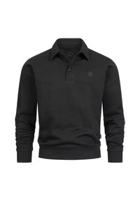 Schwarzes Langarm-Polohemd aus Strickstoff. Es hat einen kragenartigen Ausschnitt, eine Knopfleiste und ein kleines Logo auf der Brust.
