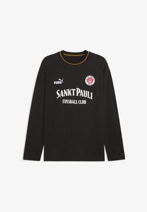 Czarna koszulka z długim rękawem wykonana z bawełny, z okrągłym dekoltem, z białym napisem "SANKT PAULI FUSSBALL CLUB" oraz czerwonym logo. Żółty akcent na kołnierzu.
