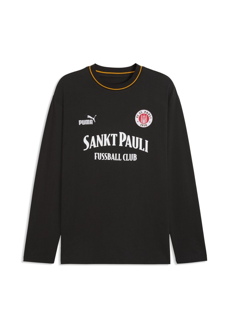 Langærmet sort T-shirt i bomuld med rund halsudskæring, med hvidt "SANKT PAULI FUSSBALL CLUB"-tekst og en rød logo. Gul accentering ved kraven.