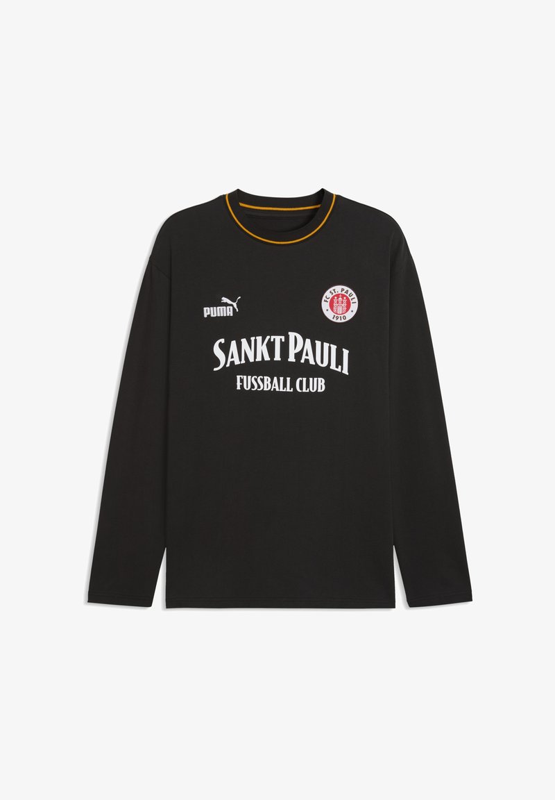 Langærmet sort T-shirt i bomuld med rund halsudskæring, med hvidt "SANKT PAULI FUSSBALL CLUB"-tekst og en rød logo. Gul accentering ved kraven.
