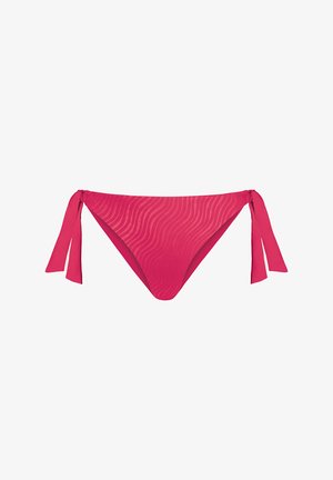 Różowe bikini z falistą fakturą, z wiązaniami po bokach i gładkim wykończeniem. Oferuje niski stan dla wygodnego dopasowania.