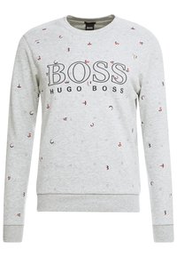 Felpa grigia a maniche lunghe, con logo stampato "BOSS HUGO BOSS" e motivi rossi e neri sparsi sul tessuto.