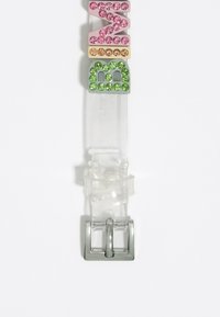 Clear silicone watch strap with colorful, gem-studded letters in pink, peach, yellow, and green. Silver metal buckle.
