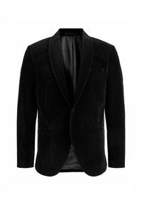 Melna samta žakete ar šalkolāru, vienu kabatu un divām sānu kabatām. Mīksta tekstūra un gluda oderēšana iekšpusē.