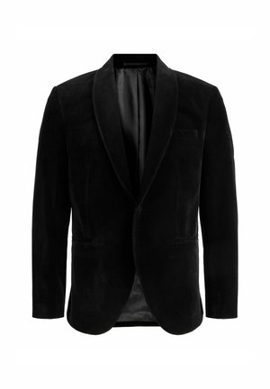 Črni žametni blejzer s šalom ovratnikom, enim žepom in dvema stranskima žepoma. Mehka tekstura in gladka podloga, vidna znotraj.