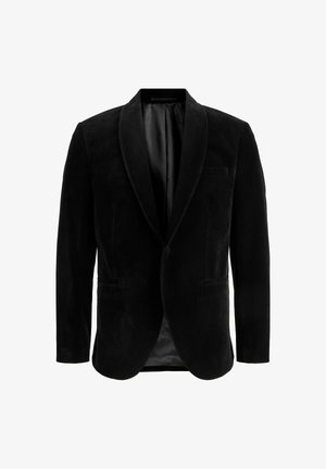 Črni žametni blejzer s šalom ovratnikom, enim žepom in dvema stranskima žepoma. Mehka tekstura in gladka podloga, vidna znotraj.