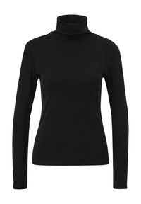 Svart turtleneck långärmad topp i slät tyg. Har en figursydd design med hög krage och sömlösa axlar.