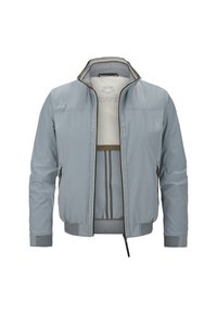 Hellgraue Bomberjacke mit glatter Oberfläche, gerippten Bündchen, Stehkragen und einem Reißverschluss vorne mit kontrastierender Innenauskleidung.