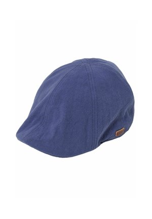 Blue flat cap with visible stitched panels and small brown leather brand tag on the side.