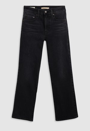 Jeans in denim nero con taglio dritto, dotati di cinque tasche e passanti per cintura. Texture liscia, leggero sbiadimento e dettagli di cucitura sottili.