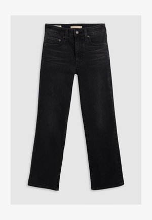 Jeans de mezclilla negra con corte recto, que cuentan con un diseño de cinco bolsillos y presillas para cinturón. Textura suave, con un desvanecimiento mínimo y sutiles detalles de costura.