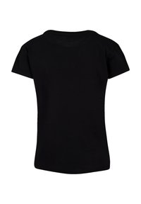 Black cotton t-shirt with short sleeves, round neckline, and a smooth texture. No graphics or patterns; simple design and straight hem.