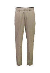 Pantaloni beige su misura realizzati in tessuto strutturato. Presentano una chiusura con bottone e passanti per cintura, con un design a gamba dritta e orli puliti.