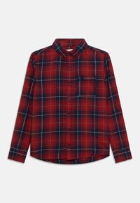 Rot und marineblau kariertes Hemd mit langen Ärmeln, Button-Down-Kragen, Brusttasche und schwarzen Knöpfen. Glatte Baumwollstoffstruktur.