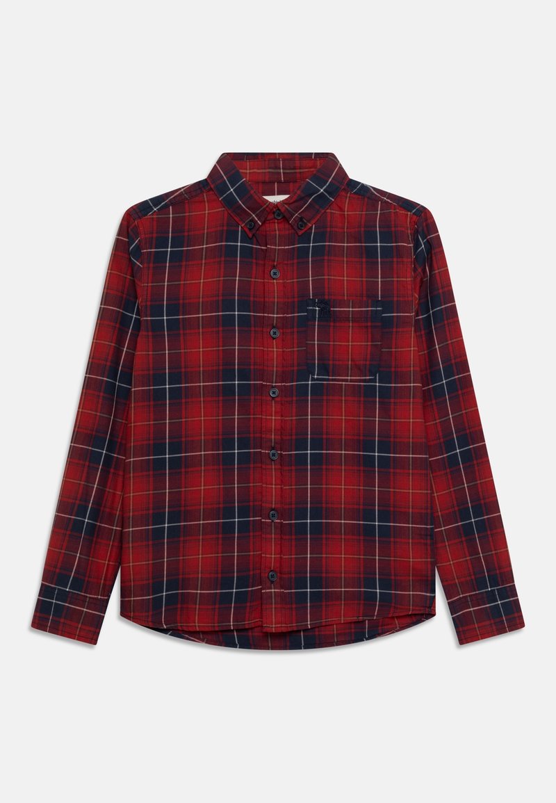 Rot und marineblau kariertes Hemd mit langen Ärmeln, Button-Down-Kragen, Brusttasche und schwarzen Knöpfen. Glatte Baumwollstoffstruktur.