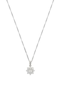 Silver chain necklace featuring a snowflake-shaped pendant adorned with multiple clear stones, creating a sparkling effect.