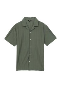 Cămașă cu mâneci scurte, de culoare verde măslin, realizată dintr-un material texturat cu dungi verticale și nasturi albi, având guler revere.