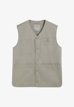 Beige utility-vest met knopen, voorzien van vier zakken aan de voorkant waarvan één met een klep en knoop, mouwloos met een V-hals.