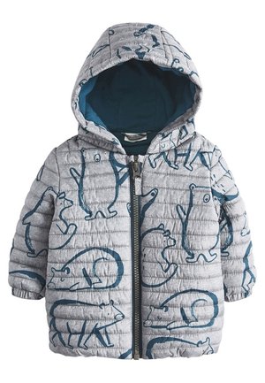 Lysegrå quiltet jakke i børnestørrelse med hætte, lynlås foran og mørkeblå tegneserie bjørnemønstre over det hele.