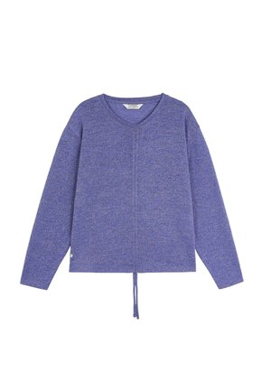 Suéter de cuello en V en tejido morado texturizado, con mangas largas y un detalle de cordón en el dobladillo, con un ajuste relajado y un diseño discreto.