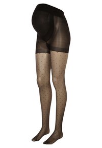 Collants noirs transparents avec un motif à pois. Conception taille haute pour un bon soutien et une bonne couverture, texture lisse et finition semi-opaque.