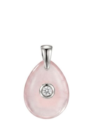 Tropfenförmiger pinker Anhänger mit einem zentralen runden klaren Edelstein, gefasst in Silbermetall und mit einer silbernen Öse für eine Kette.