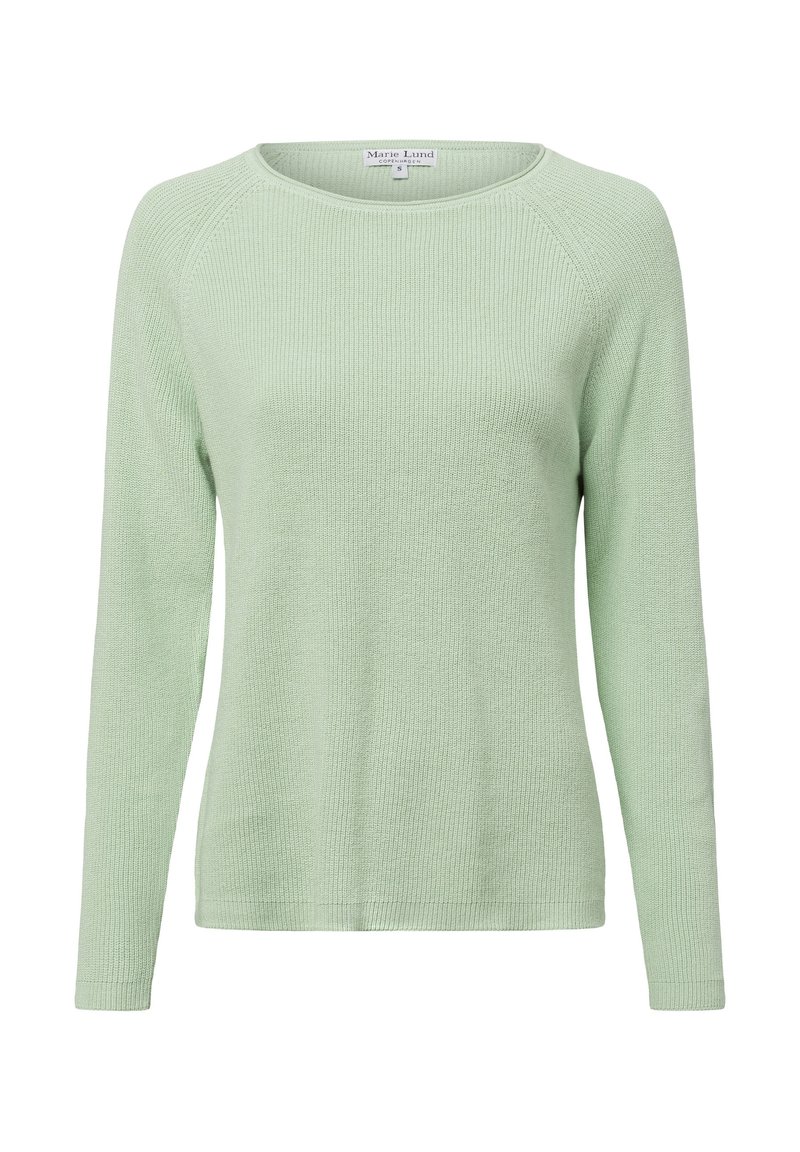 Ljusgrön stickad tröja med långa ärmar, rund halsringning och ribbad textur. Enkelt design utan dekorationer eller mönster.