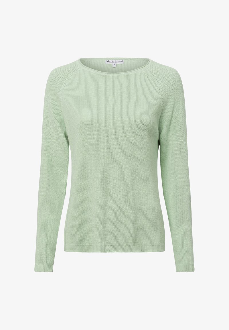 Ljusgrön stickad tröja med långa ärmar, rund halsringning och ribbad textur. Enkelt design utan dekorationer eller mönster.