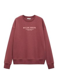 Felpa bordeaux con collo a giro, polsini e fondo a costine. Presenta testo frontale: "RUE DU SOLEIL 6 Bd des Capucines, 75009 Parigi." Tessuto morbido.