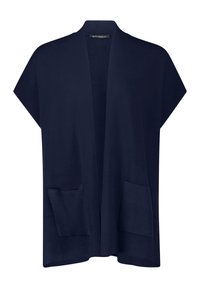 Marineblå öppen cardigan i mjukt material, med korta ärmar, lös passform och två framfickor.