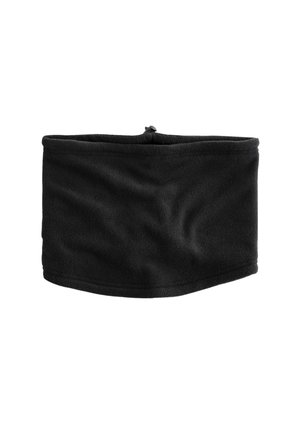 Sort fleece-halstørklæde med justerbar snor øverst for en tætsiddende pasform, designet til varme og vindbeskyttelse.