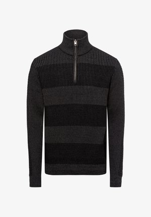 Pull à col zippé rayé noir et gris foncé avec texture côtelée. Il présente des manches longues et un col montant pour plus de chaleur.