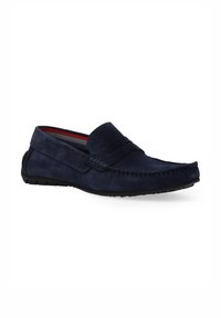 Marineblå ruskinds slip-on sko med et mokka-design, syede detaljer og en struktureret gummisål. Indvendigt har de en rød og grå stribet foring.