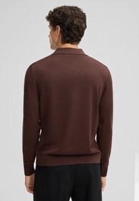 Maglione polo a maniche lunghe di colore marrone, realizzato in un tessuto testurizzato, con colletto e polsini a coste, e una vestibilità comoda.