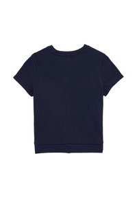 Tricou bleu marin cu mânecă scurtă, cu textură canelată, decolteu rotund și tiv drept. Pe spate prezintă un design simplu și curat.