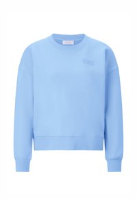 Helehall sinine pusa pehmest kangast, millel on ümmargune kaelus, pikad varrukad ja esiküljel õrnalt tikitud logo.