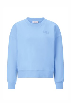Világoskék pulóver puha anyagból, kerek nyakkivágással, hosszú ujjakkal és finom hímzett logóval az elején.