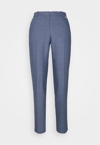 Pantalons ajustés légers bleu avec un motif texturé, coupe slim, et deux poches avant. Comprend une taille avec passants de ceinture et un ourlet sécurisé.