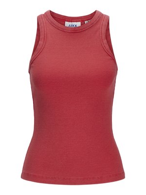 Röd ribbad linne med hög halsringning och ärmlös design. Har en figurnära silhuett och mjuk textur. Etikett synlig inuti.