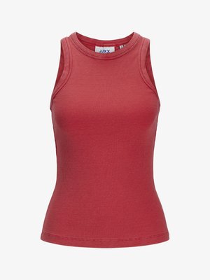 Punainen ribbikuvioinen hihaton toppi, jossa on korkea pääntie. Ominaisuuksia ovat muotoileva siluetti ja pehmeä materiaali. Tunnus näkyvissä sisällä.