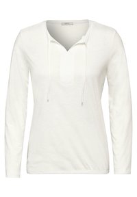 Witte lange mouwen top met een V-hals, trekkoordaccenten en een losjes zittende pasvorm. Zachte textuur, minimalistisch ontwerp en geen zichtbare patronen.