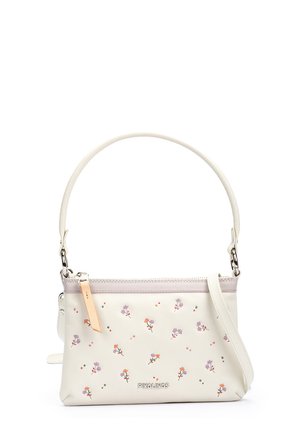 Crèmekleurige handtas met kleine paarse en oranje bloemenprints, bovenhandvat, ritssluiting en "PIKOLINOS"-logo aan de voorkant.