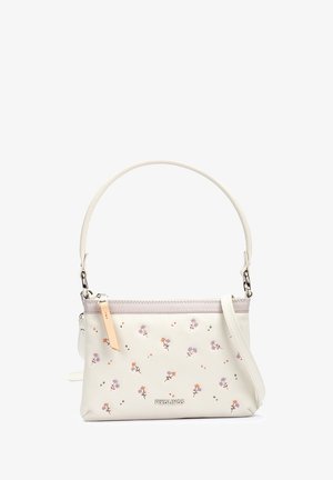 Sac à main crème avec petits imprimés floraux violets et oranges, poignée supérieure, fermeture éclair et logo "PIKOLINOS" à l'avant.