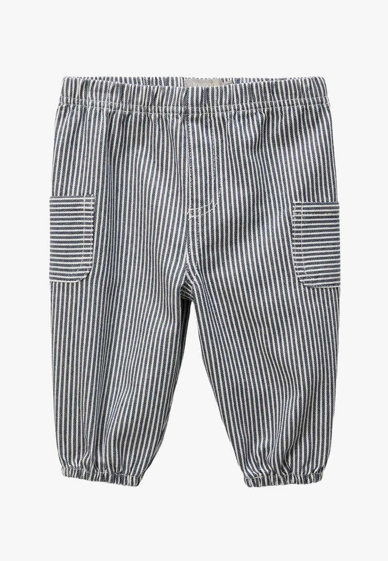 Pantalon rayé avec taille élastique, comportant deux poches latérales. Conçu dans un motif rayé bleu et blanc, en tissu doux.