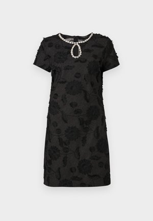 Black short-sleeve dress with floral embroidery, textured fabric, and a jeweled neckline detail featuring a pendant shape.