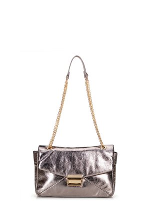 Metallic silver handbag with a flap design, chain strap, and gold hardware. Smooth texture with a slight sheen and structured shape.