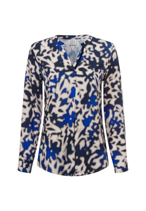 Damska bluzka z długim rękawem z abstrakcyjnym niebieskim, czarnym i białym wzorem, dekoltem w serek i lekkim materiałem, rozmiar 36.