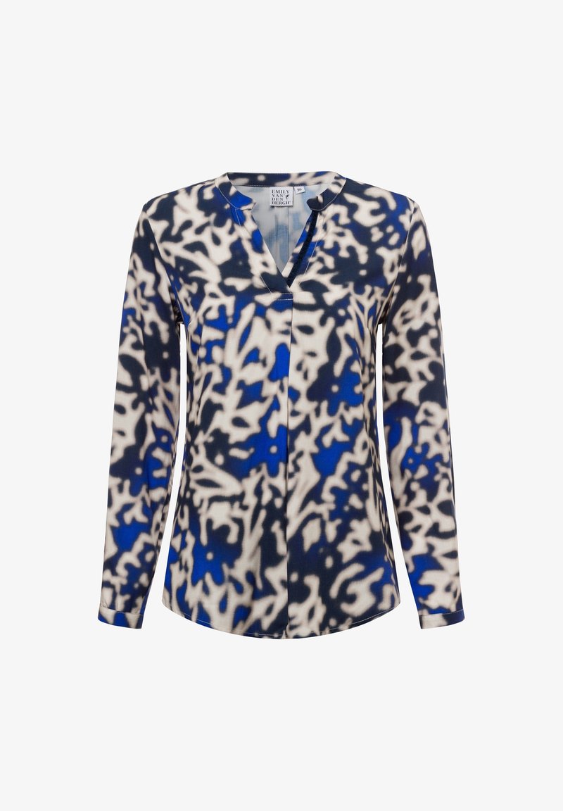 Blouse femme à manches longues avec motif abstrait bleu, noir et blanc, encolure en V et tissu léger, taille 36.